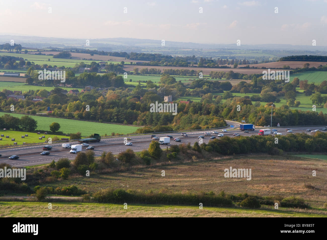 M40 Motorway from Aston Rowant National Nature Reserve in the Chilterns Oxfordshire Stock Photo