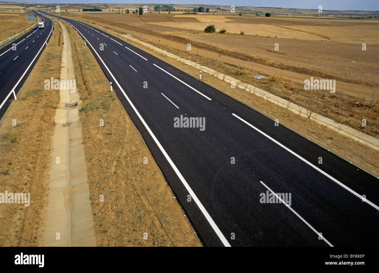 New road motorway near Sahagun, Leon, Spain. Stock Photo