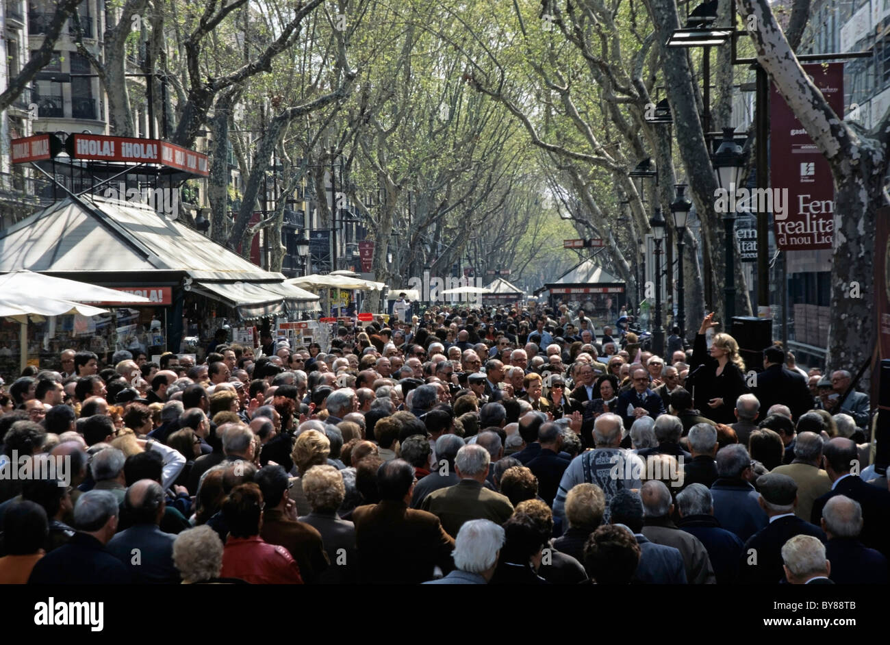 Crowds in La Rambla, an iconic and busy street in Barcelona, Spain. Stock Photo