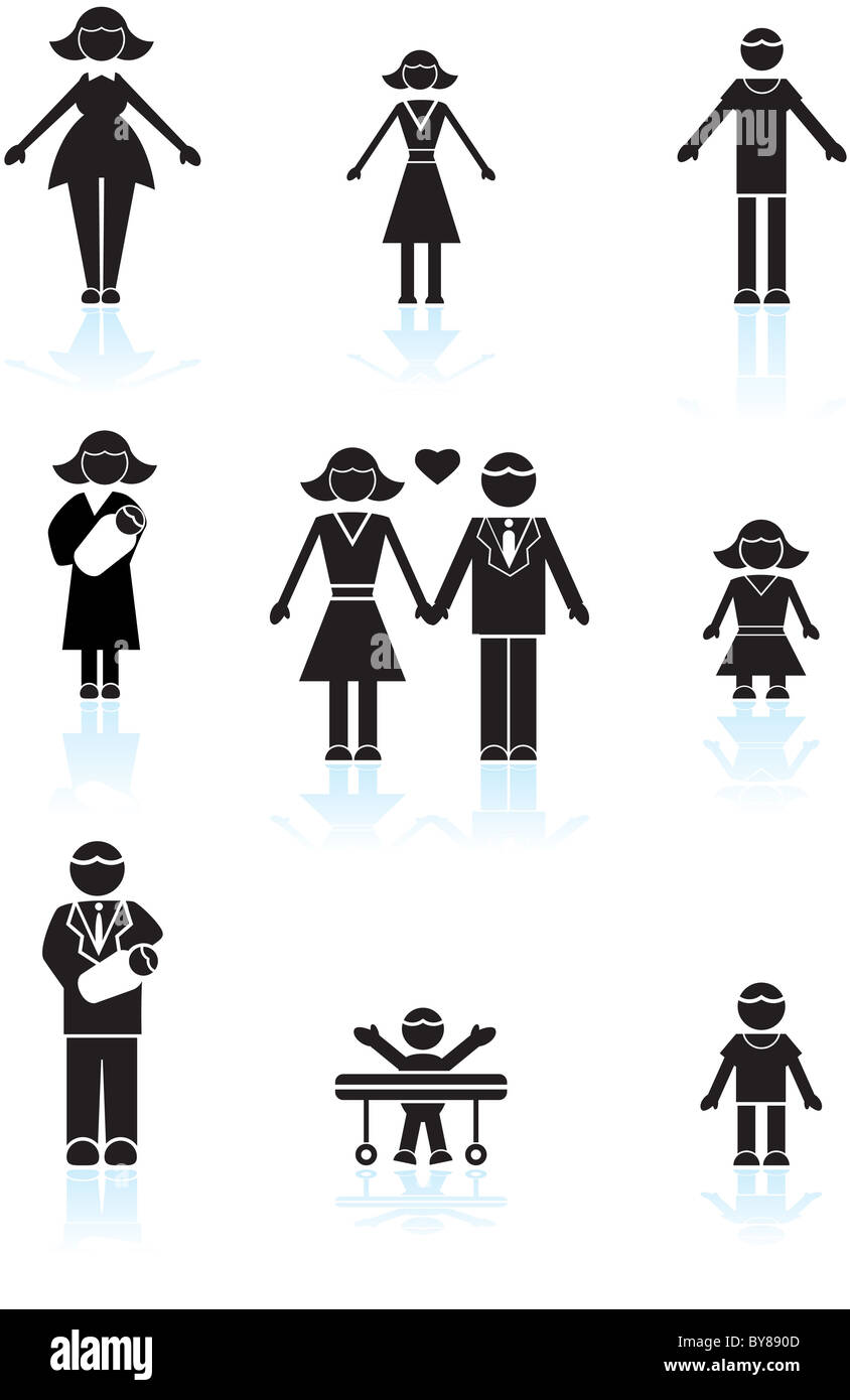Set of icons representing a family of multiple people in a simplified style. Stock Photo