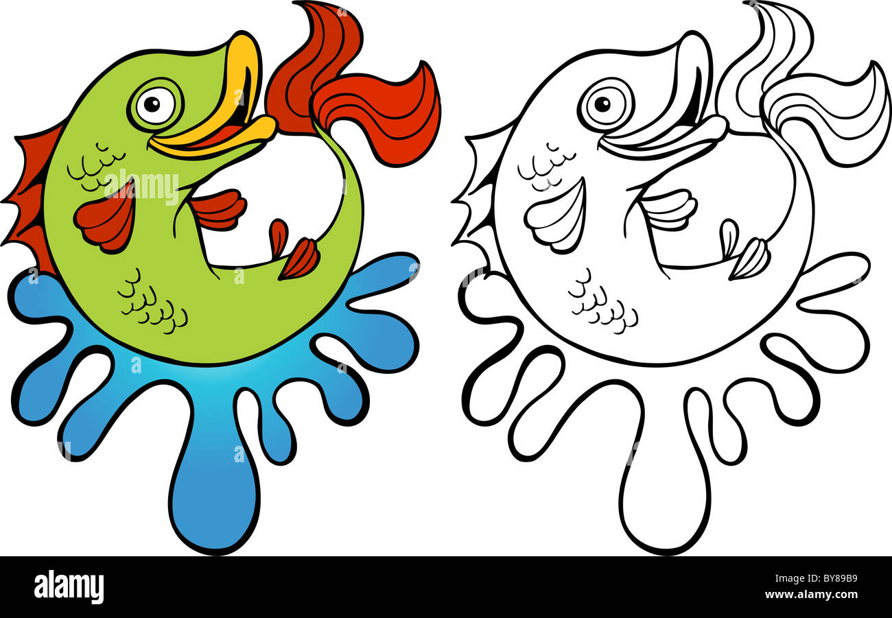 A Cartoon Image Of A Fish Splashing In The Water Both Color And Black 