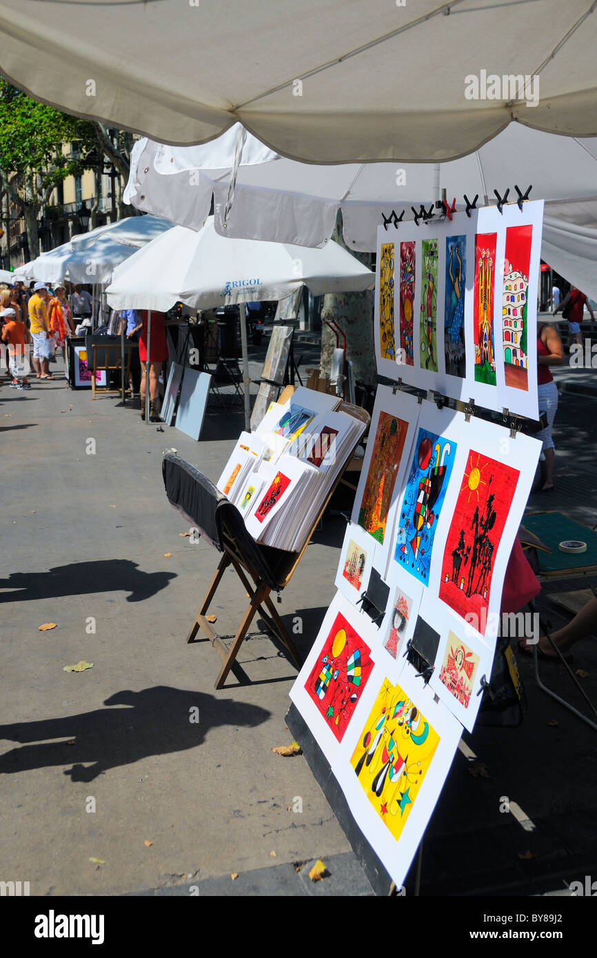 Artists display their work for sale on the La Rambla, Barcelona, Spain. Stock Photo