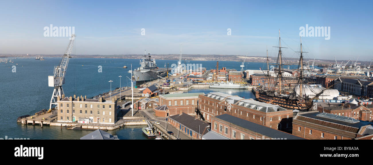 Portsmouth Dock yard from the semaphore tower with HMS Ark Royal and HMS Victory Stock Photo