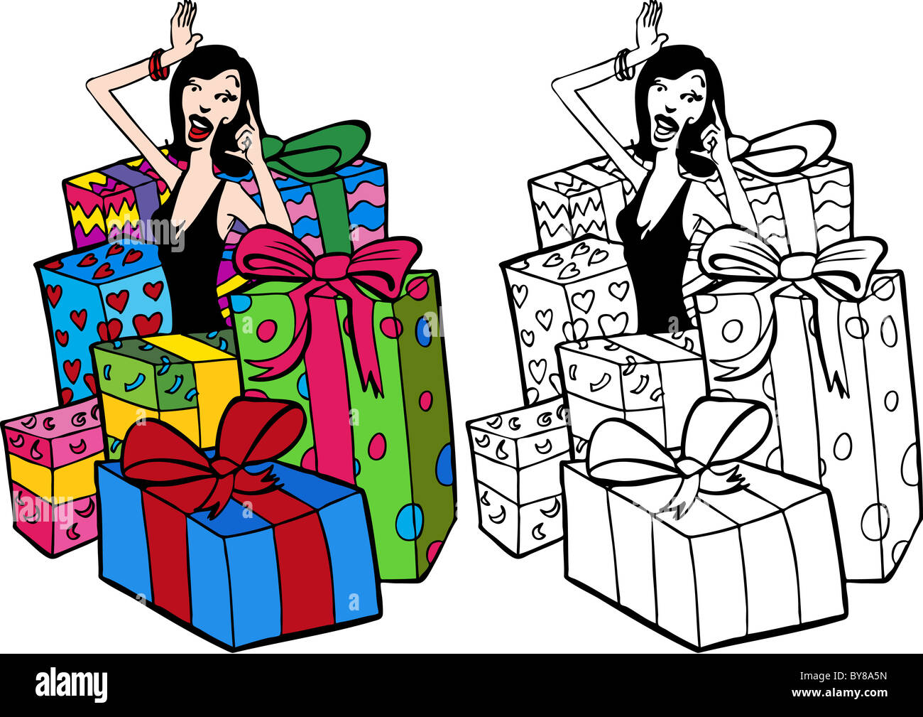 Cartoon image of a lady surrounded by wrapped gifts - both color and black / white versions Stock Photo - Alamy Cartoon image of a lady surrounded by wrapped gifts - both color and black / white versions Stock Photo - Alamy