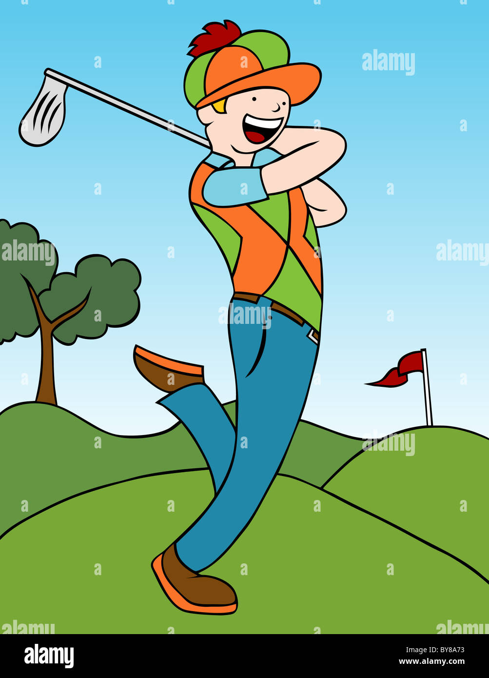 Cartoon of a man swinging his golf club on the course Stock Photo - Alamy