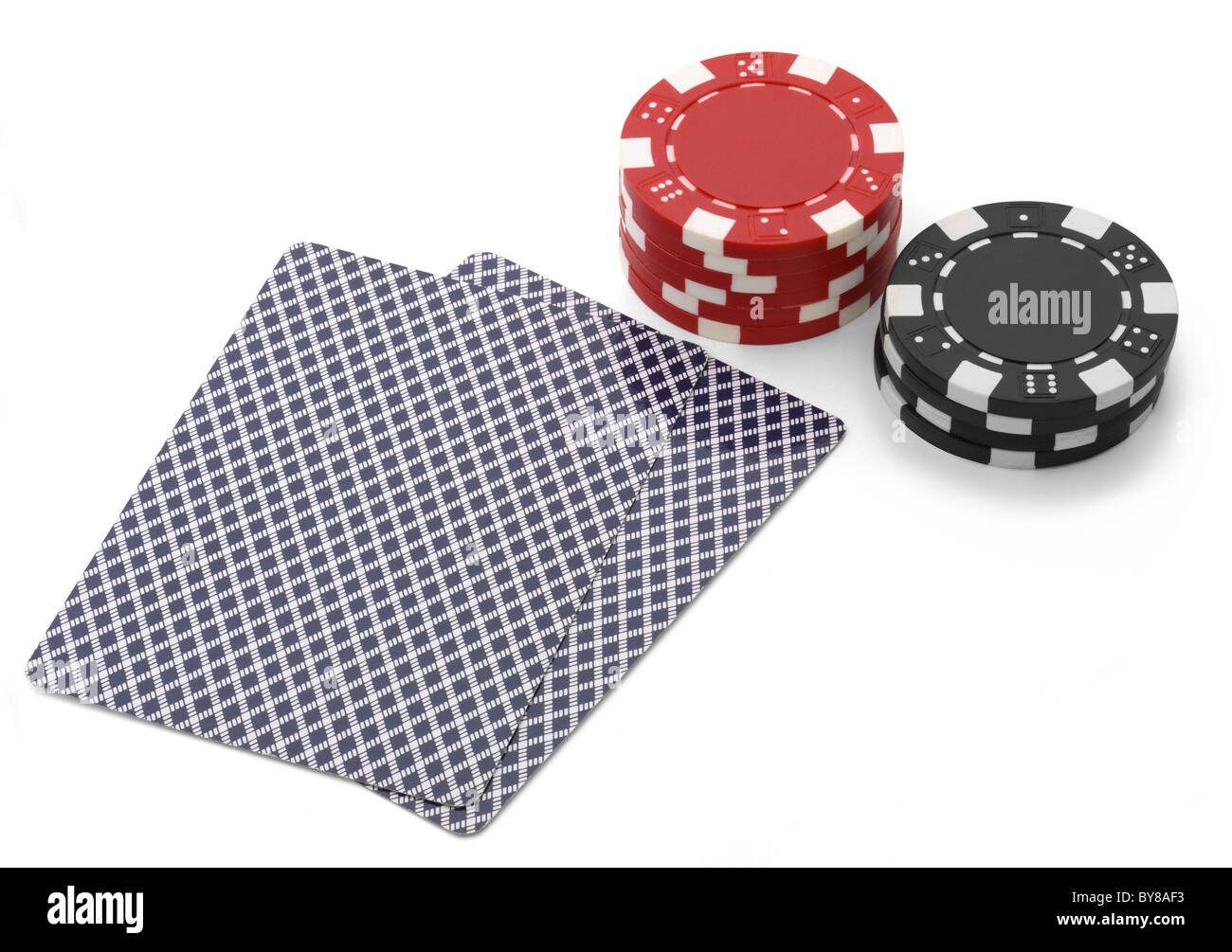 2 poker cards and red and black chips Stock Photo - Alamy