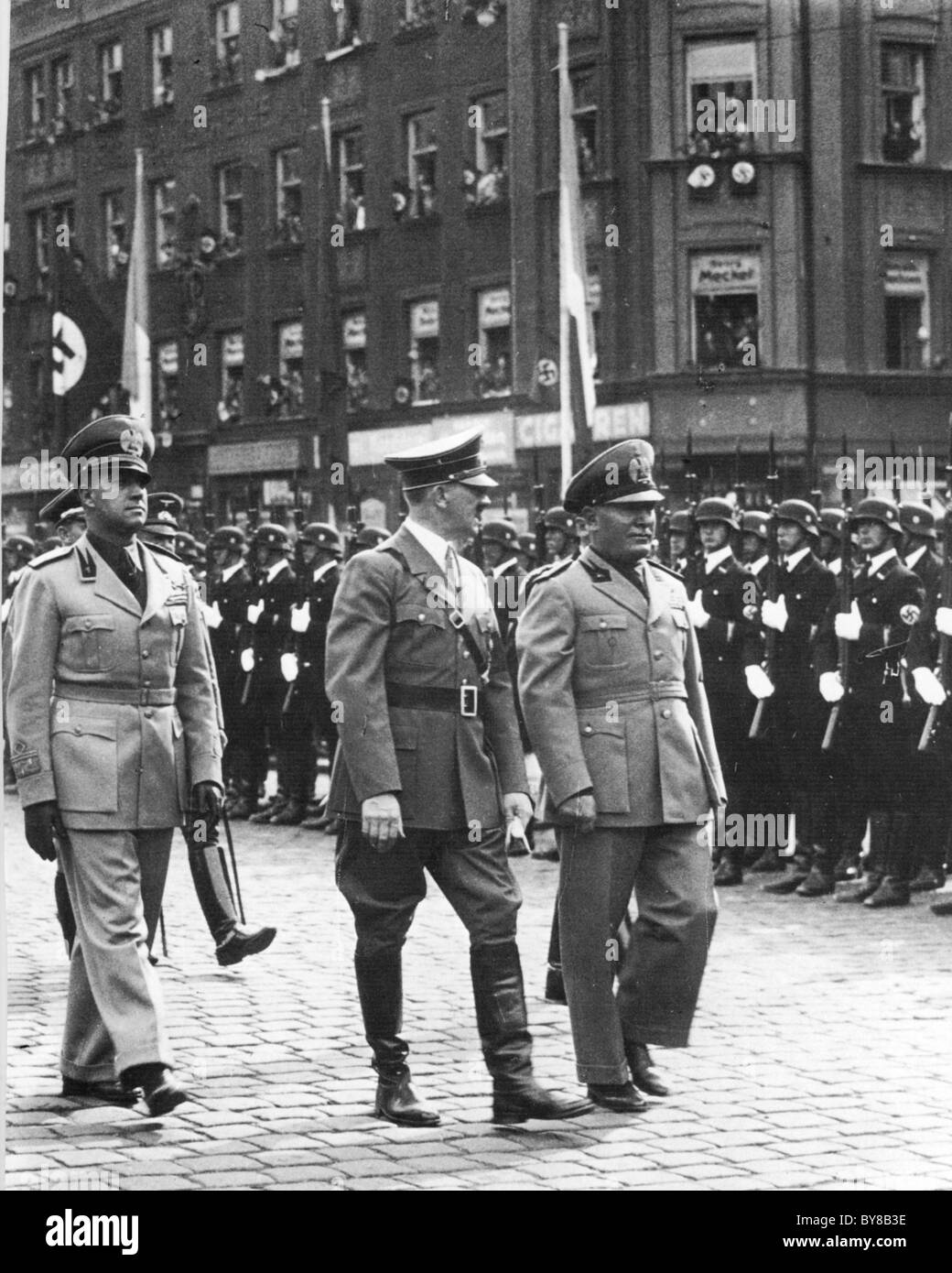 BENITO MUSSOLINI at right with Hitler centre and Count Ciano at left in Berlin in 1938 Stock Photo