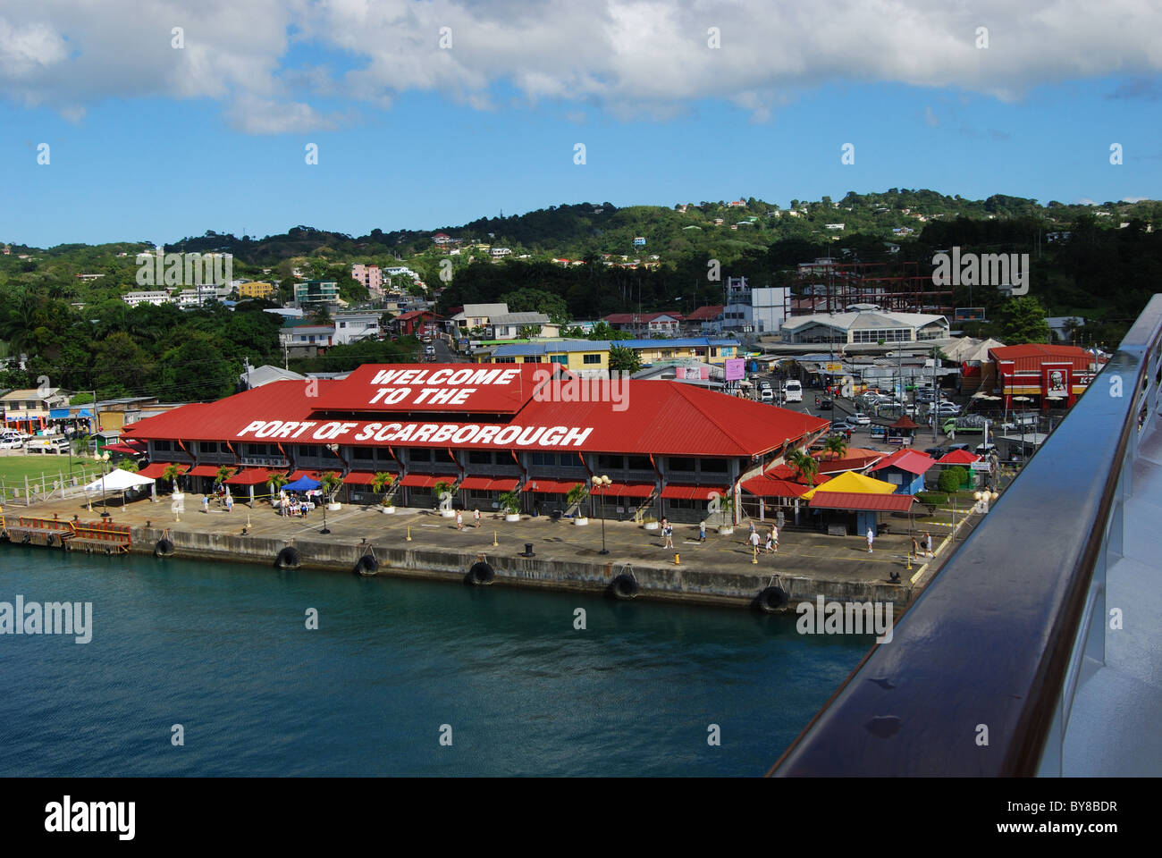 Port of Scarborough harbour building and elevated view of town, Scarborough, Tobago, Trinidad and Tobago, Caribbean. Stock Photo