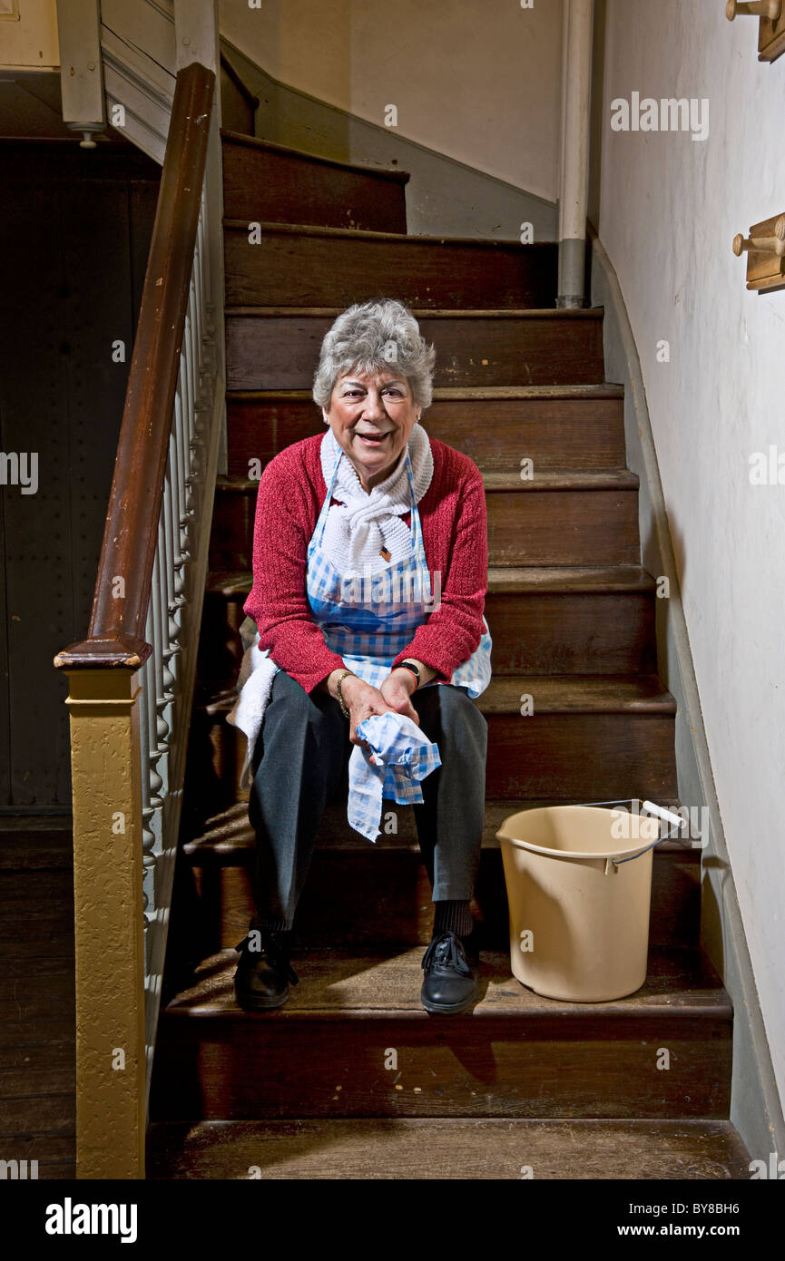 Old Woman Finished Cleaning Sitting On Steps Stairs Stock Photo Alamy