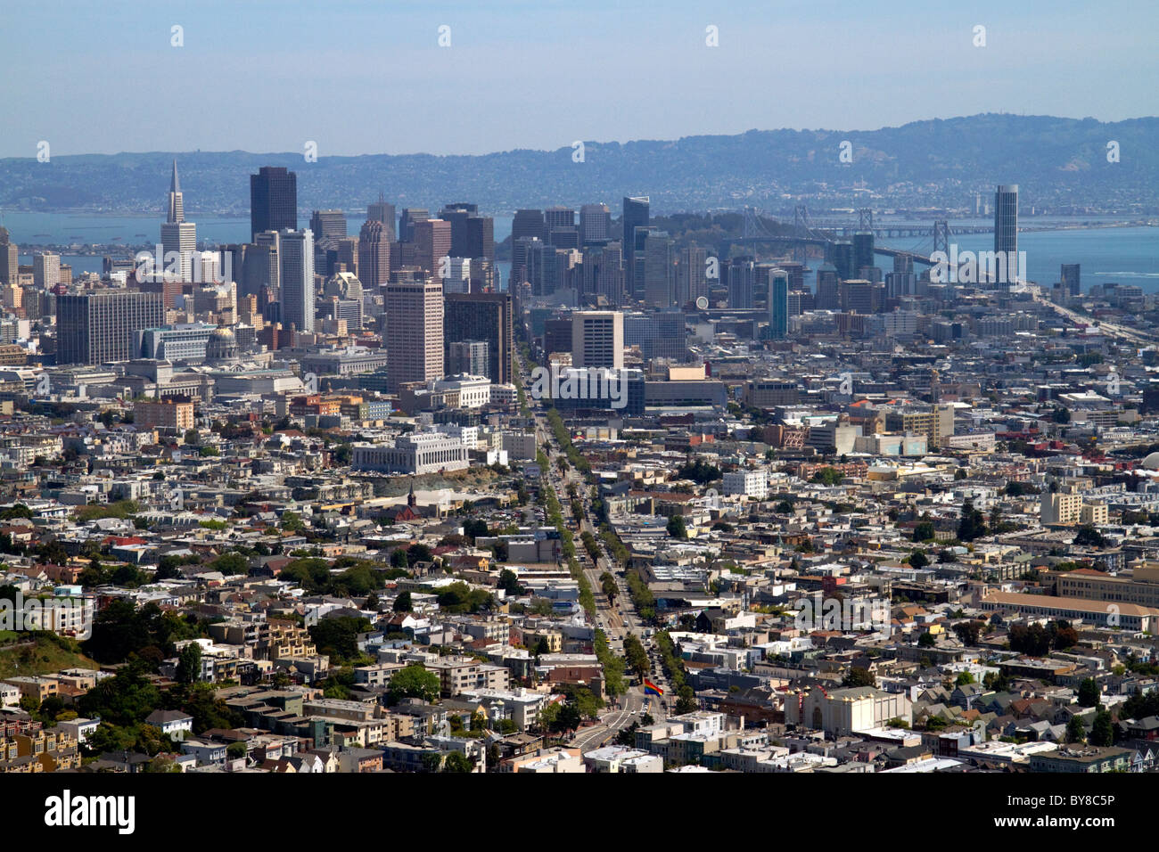 View of the city and Market Street from Twin Peaks in San Francisco, California, USA. Stock Photo