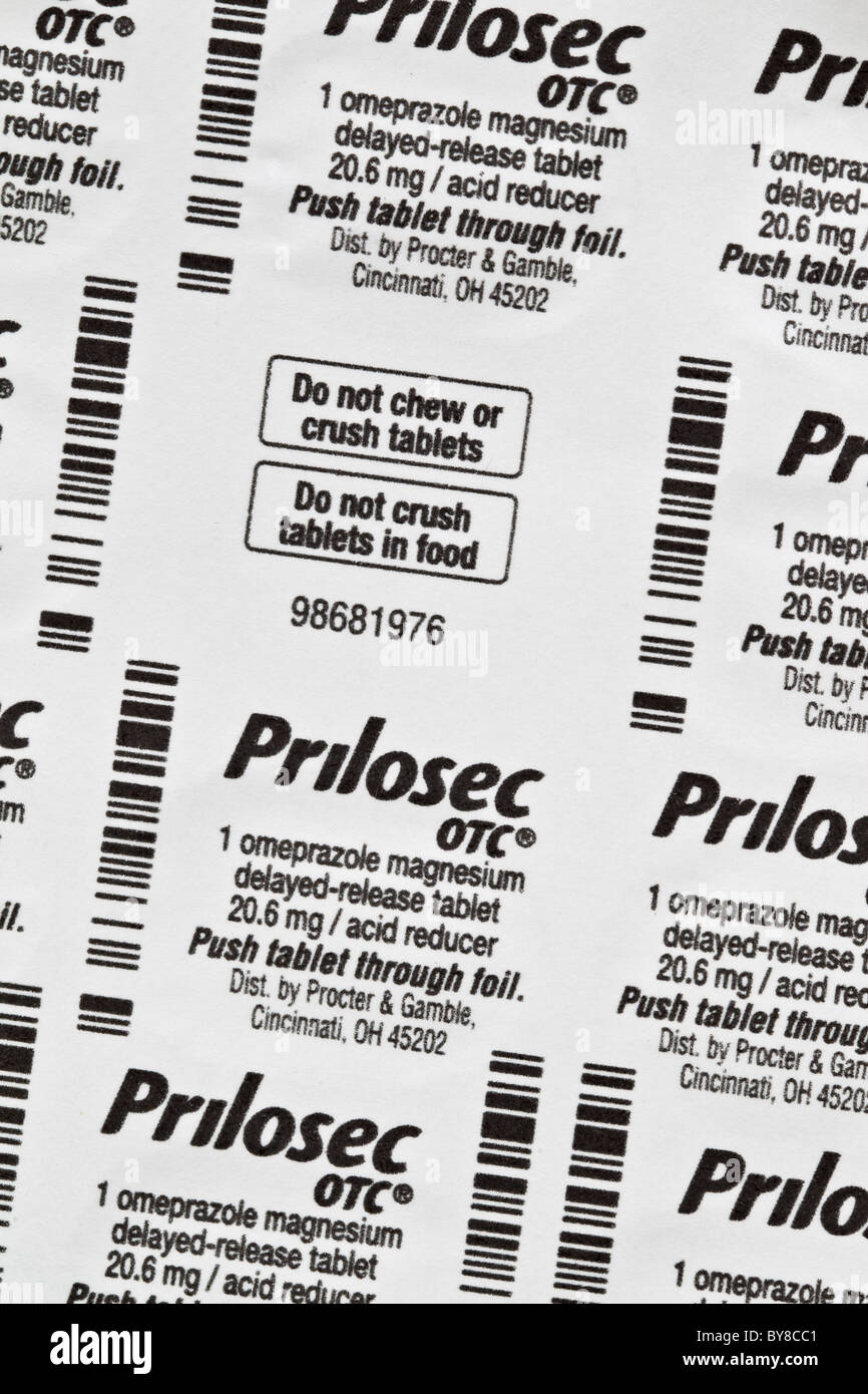 Close-up packaging detail of Prilosec OTC tablets, used to treat heartburn. Stock Photo
