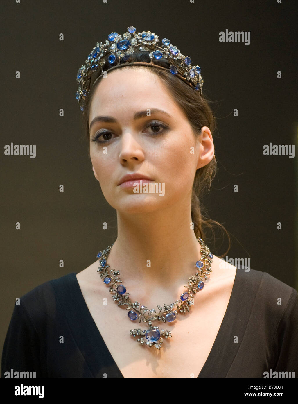 Woman wearing an antique sapphire and diamond  necklace and tiara part of the Christie's Jewels: The London Sale June 2009 Stock Photo