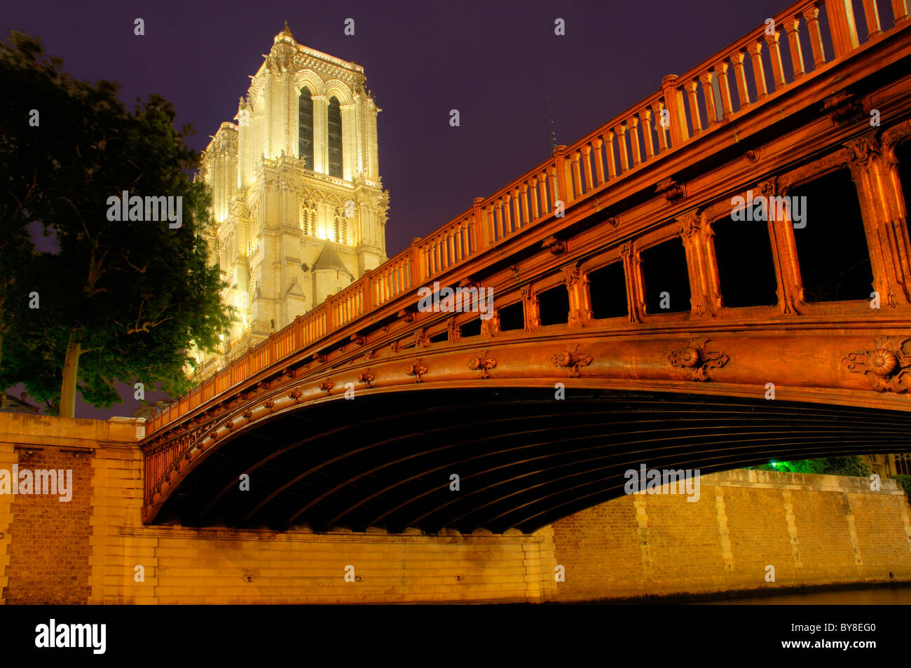 Notre Dame de Paris and Pont au Double in Paris at night Stock Photo