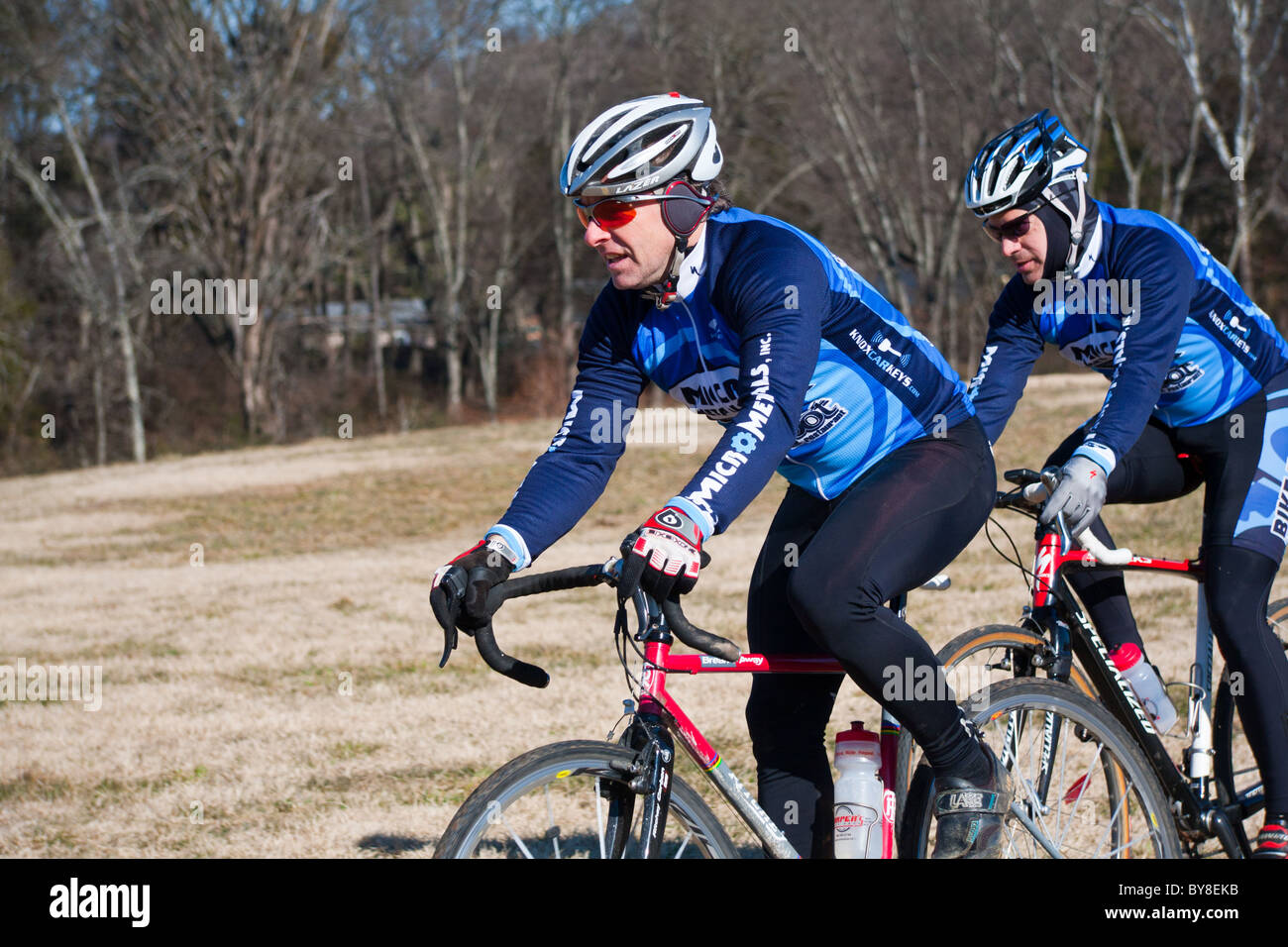 Cyclers from various teams compete during the Knoxiecross cyclocross series Stock Photo