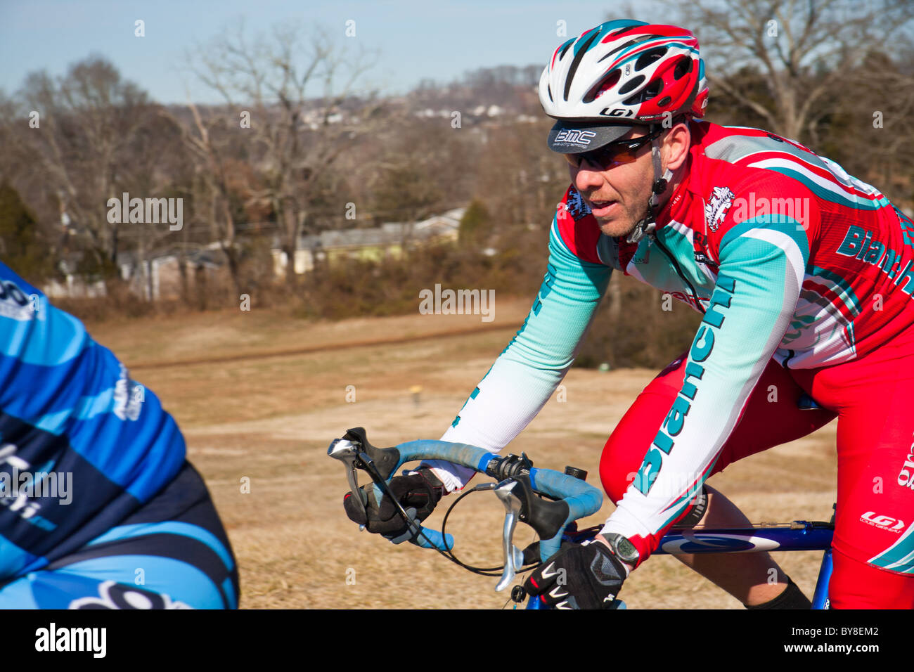 Cyclers from various teams compete during the Knoxiecross cyclocross series Stock Photo
