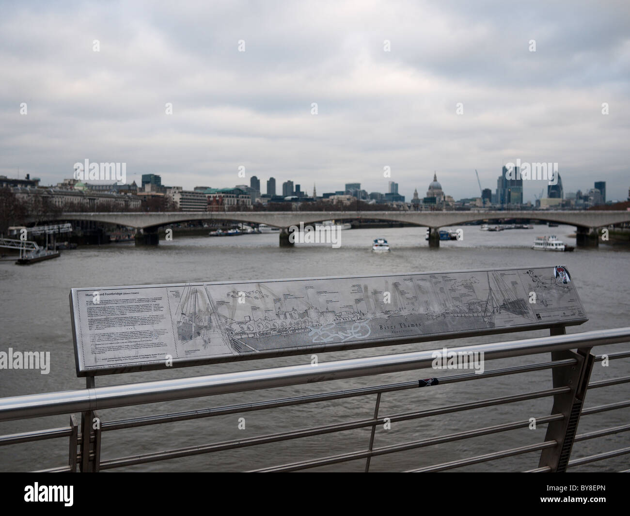 view from Hungerford Bridge looking towards Waterloo bridge with a panoramic map in the foreground Stock Photo