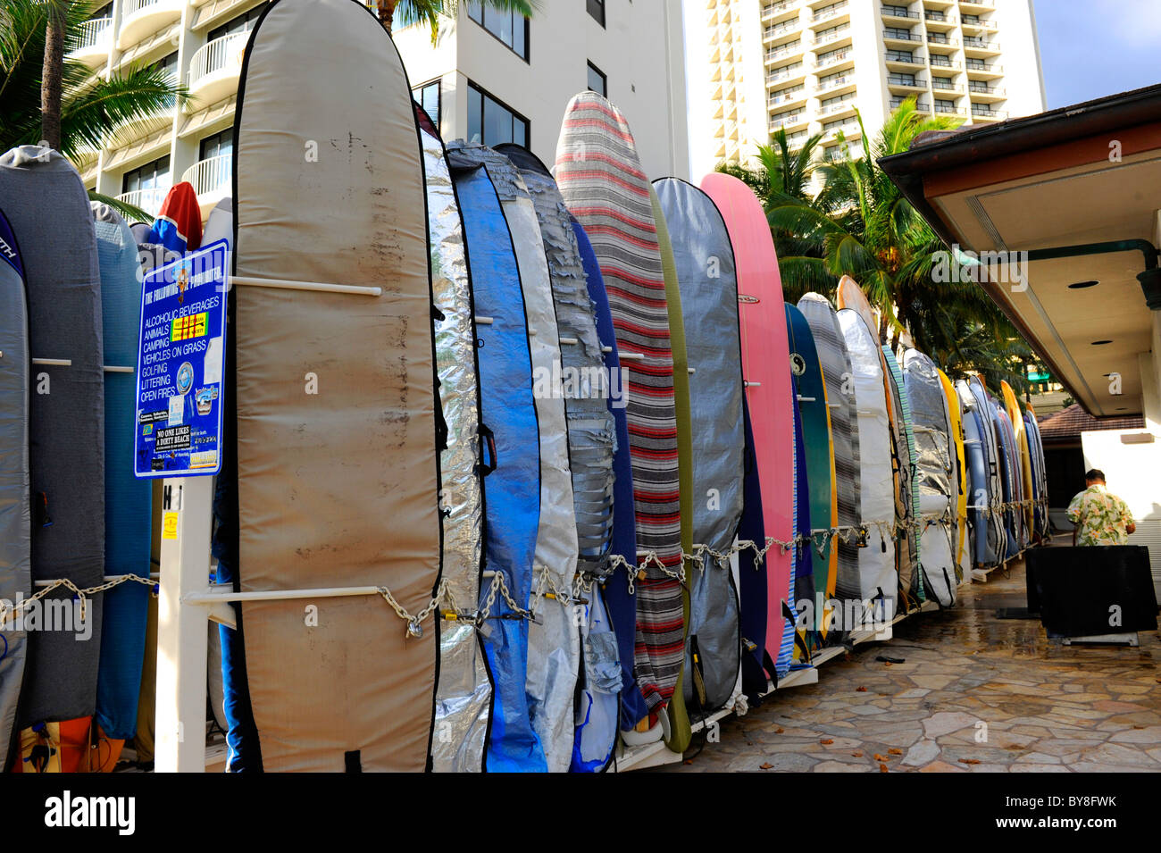 Surfboards lined up on Kalakaua Ave along Waikiki Beach Honolulu Hawaii Stock Photo Alamy