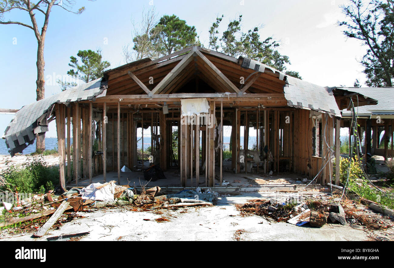 A house gutted by Hurricane Ivan sits vacant by the coast. Stock Photo