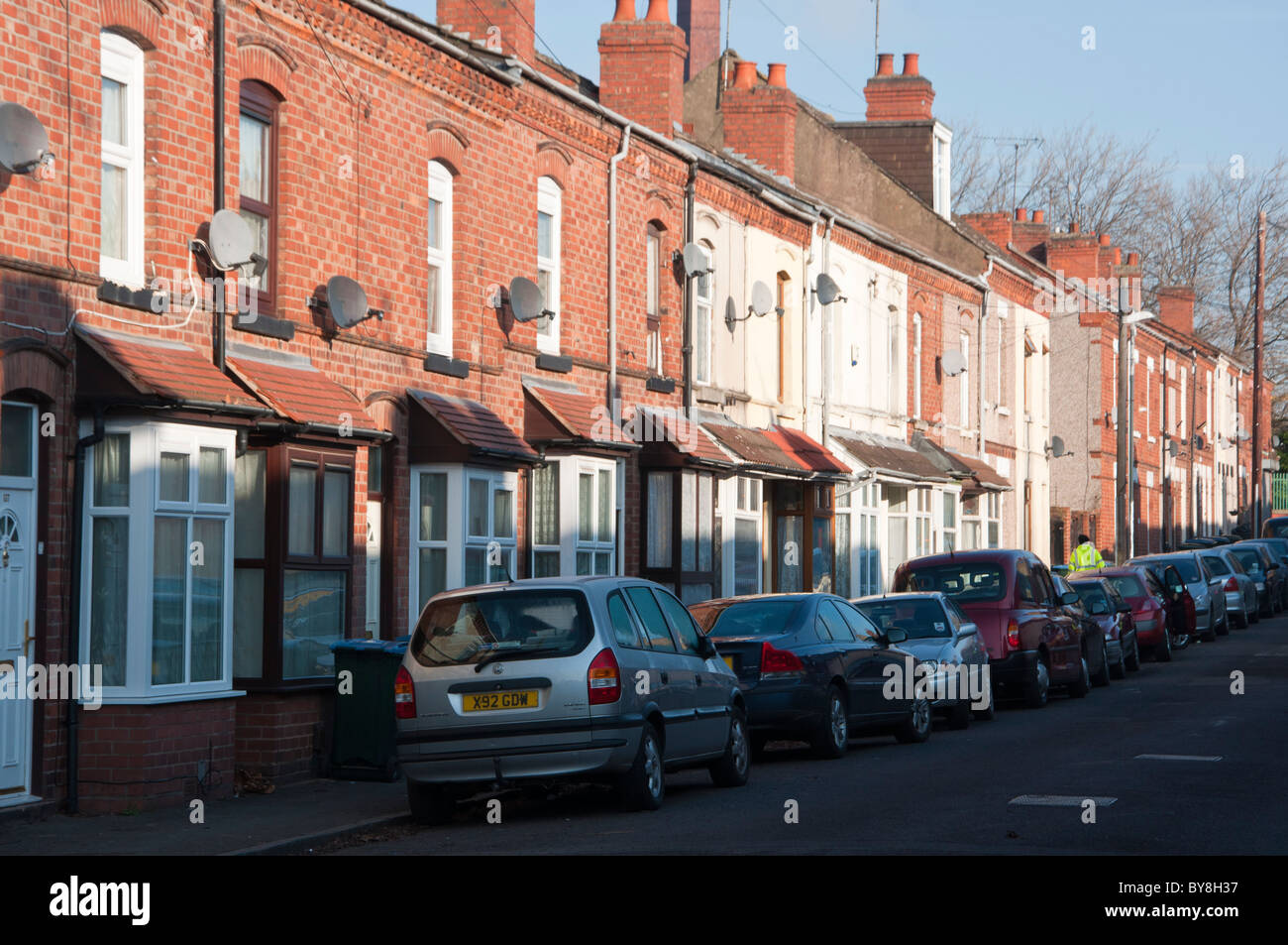 A street of terraced houses just north of central Coventry, West Midlands, England. Stock Photo