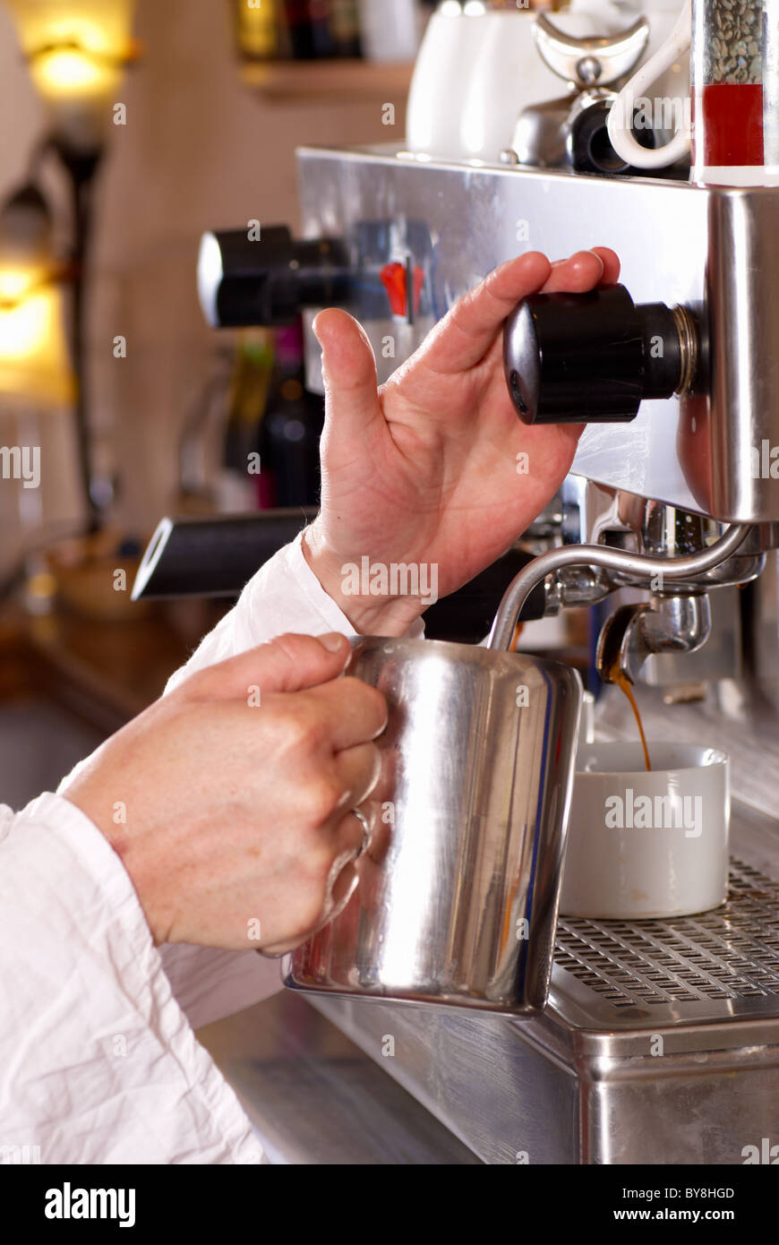 Coffee machine, cafe shop. Espresso preparation, professional equipment  background, takeaway service Stock Photo - Alamy