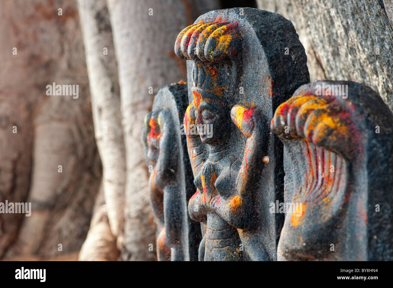 Hindu altar stones at a village temple depicting Indian vishnu deity in ...