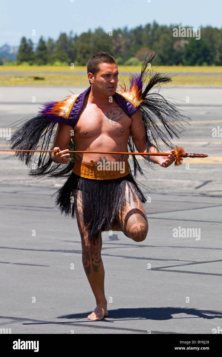 A traditional Maori welcome, powhiri, takes place on a military airfield, RNZAF Base Whenuapai, Auckland, New Zealand Stock Photo