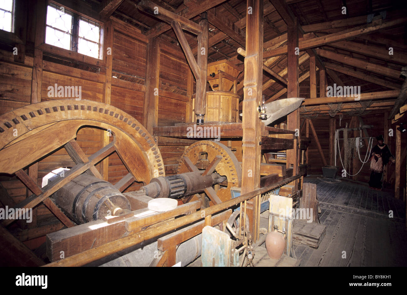 Interior of old wooden flour mill floating on the river Maly Dunaj in