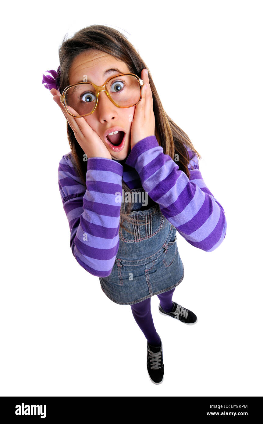 Young girl with big glasses making faces Stock Photo