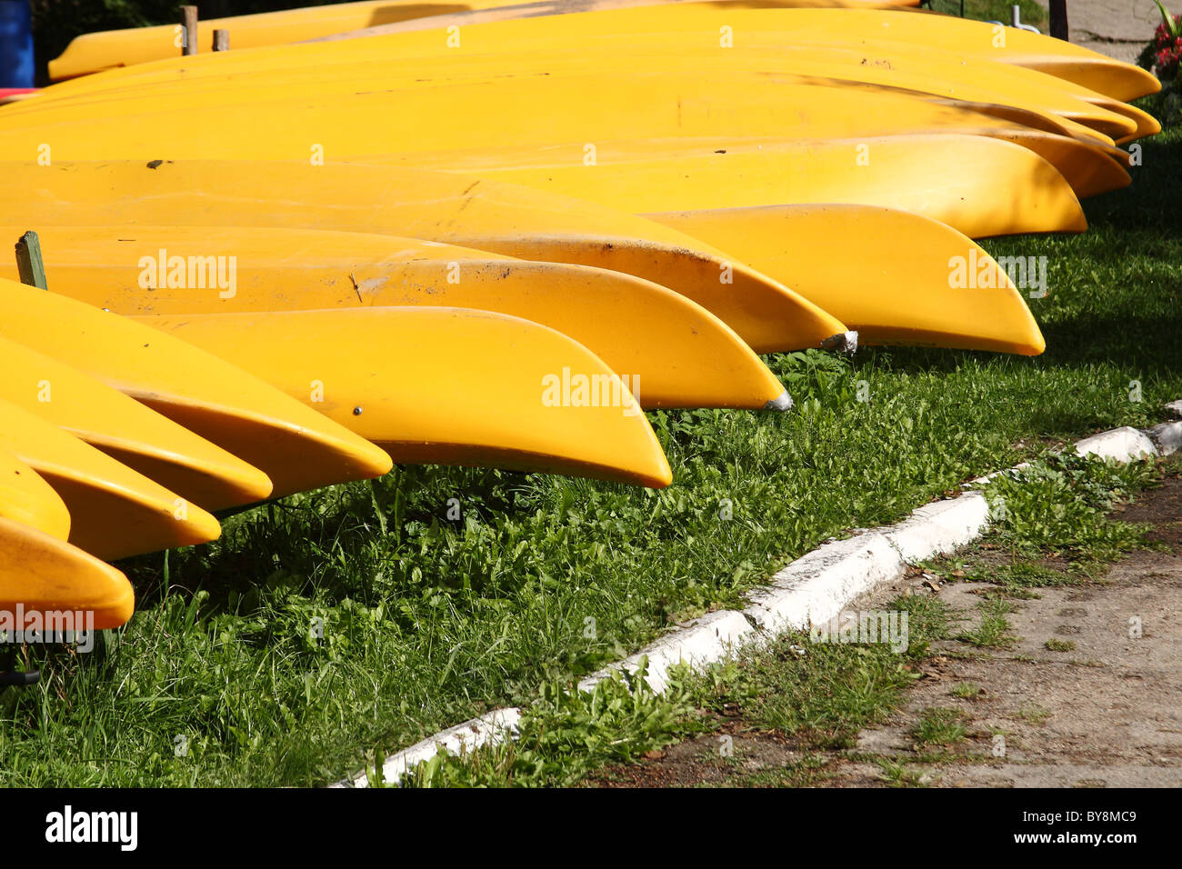 Row of yellow kayaks for rent. Wdzydze, Kashubia, Poland. Stock Photo