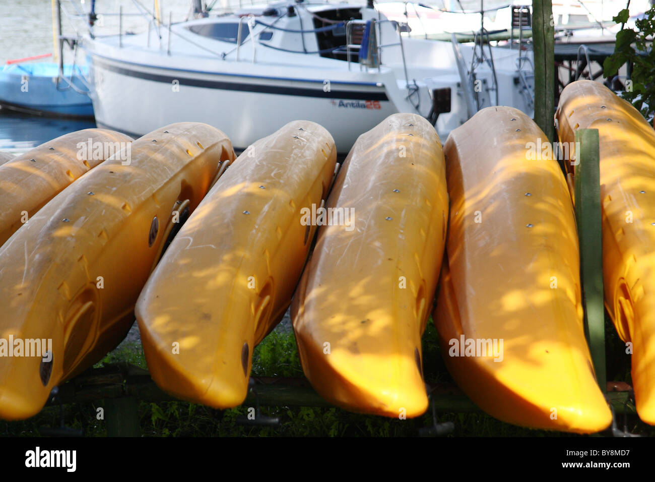 Row of yellow kayaks for rent. Wdzydze, Kashubia, Poland. Stock Photo