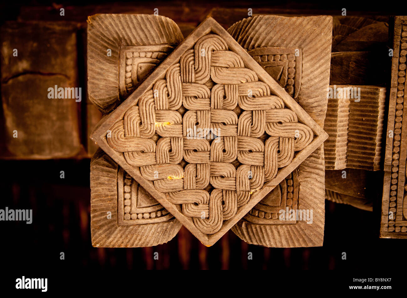 Famous ancient wood carvings at Embekke Temple near Kandy SriLanka