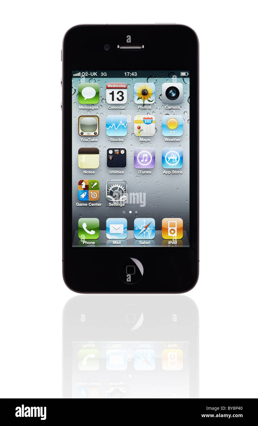 Apple iPhone 4 cut out on white background with reflection and clipping path. Stock Photo
