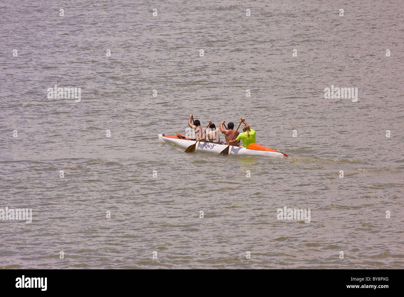 PANAMA - Paddling canoe on Panama Canal. Stock Photo
