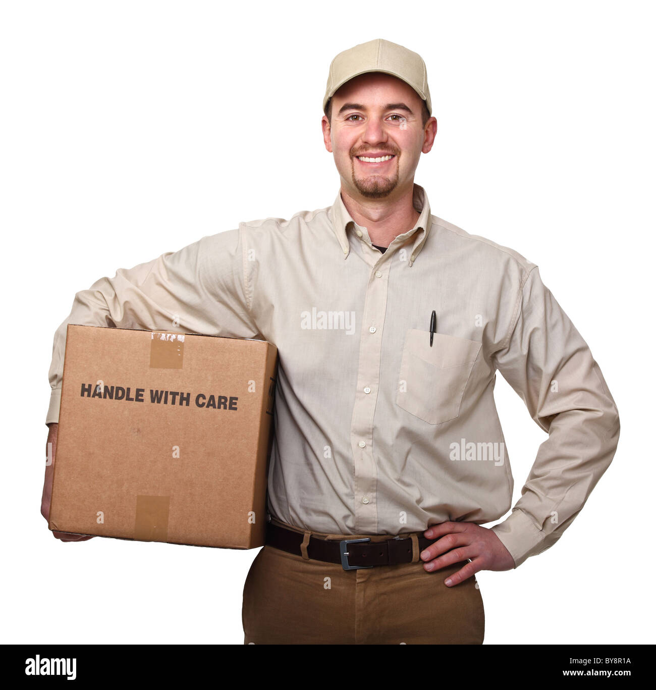 delivery man portrait on white background Stock Photo
