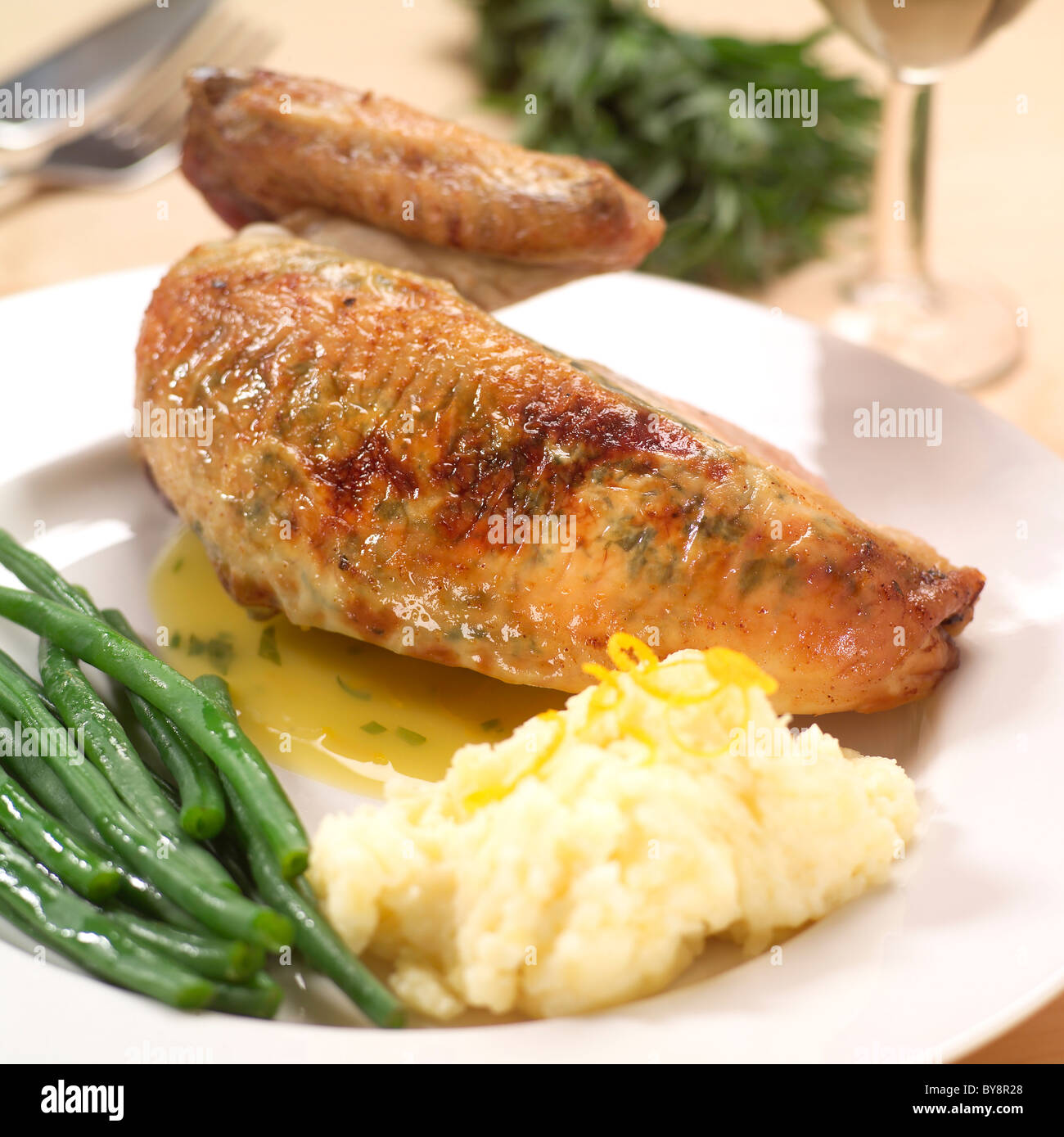Roast Chicken, Mash and Beans Stock Photo