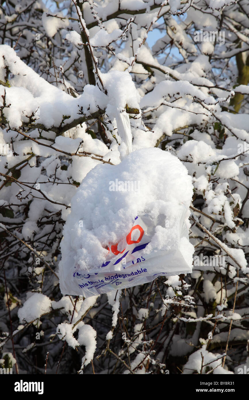 PLASTIC BAG COVERED IN SNOW POLLUTING A HEDGEROW IN THE COUNTRYSIDE Stock Photo
