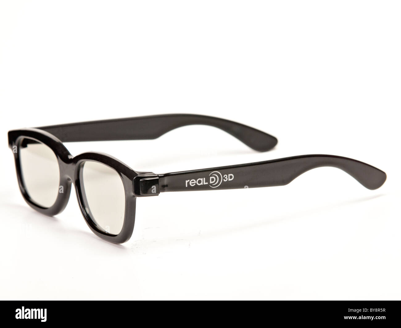 3D glasses lying on white background seen from an eye-level view Stock Photo