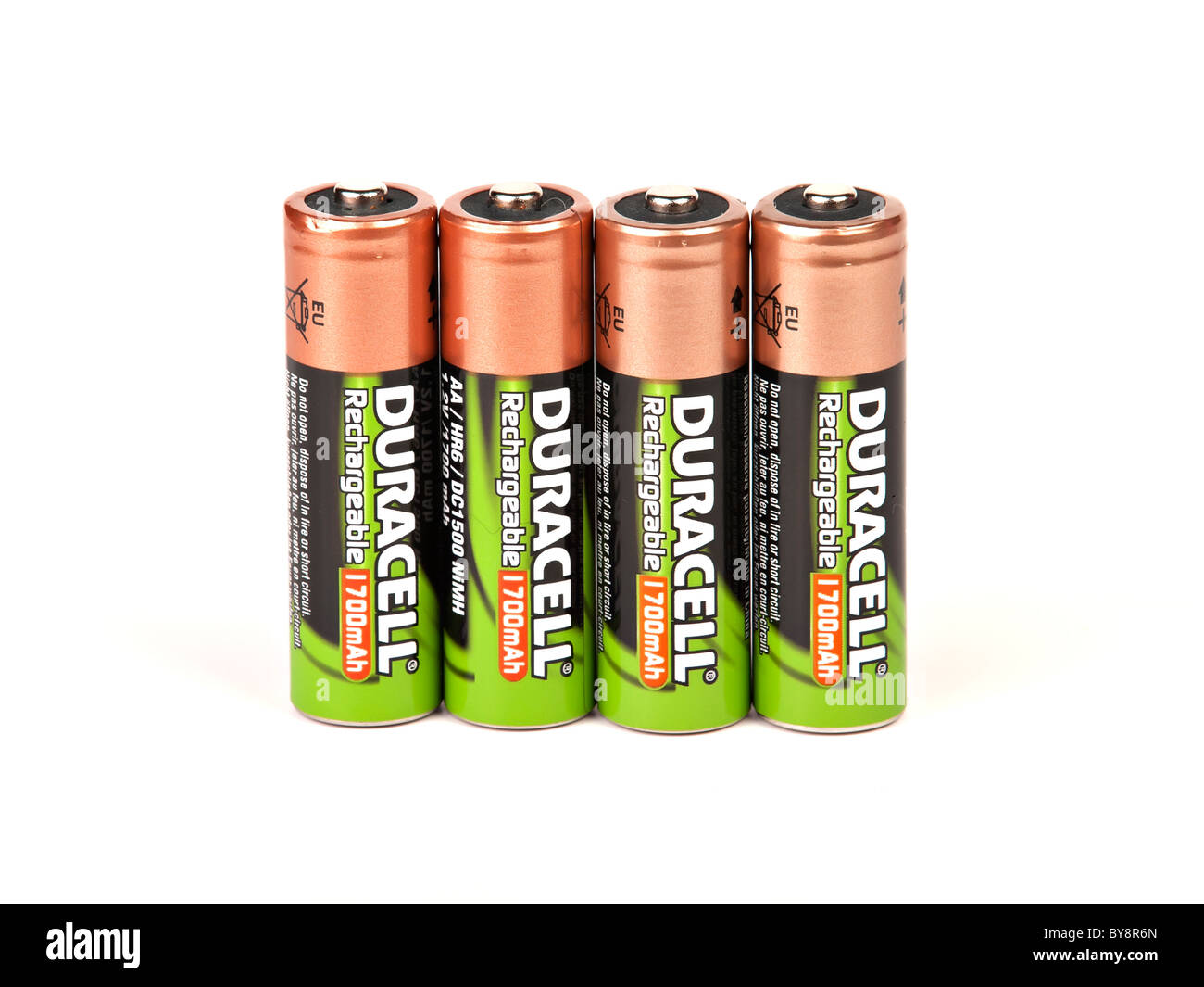Four batteries on white background Stock Photo