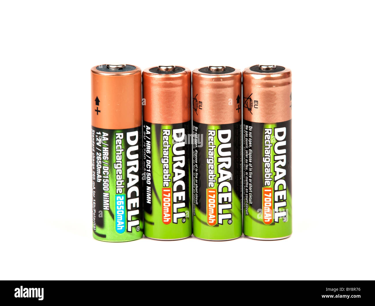 Four batteries of different type on white background Stock Photo