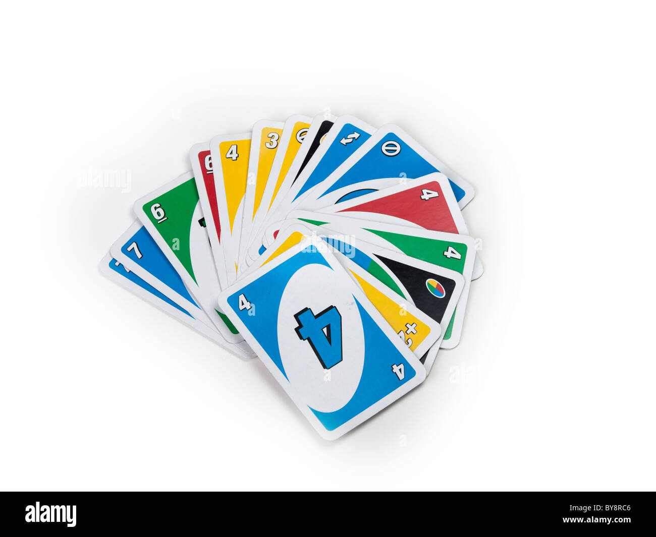 Uno playing cards spread on a white background Stock Photo