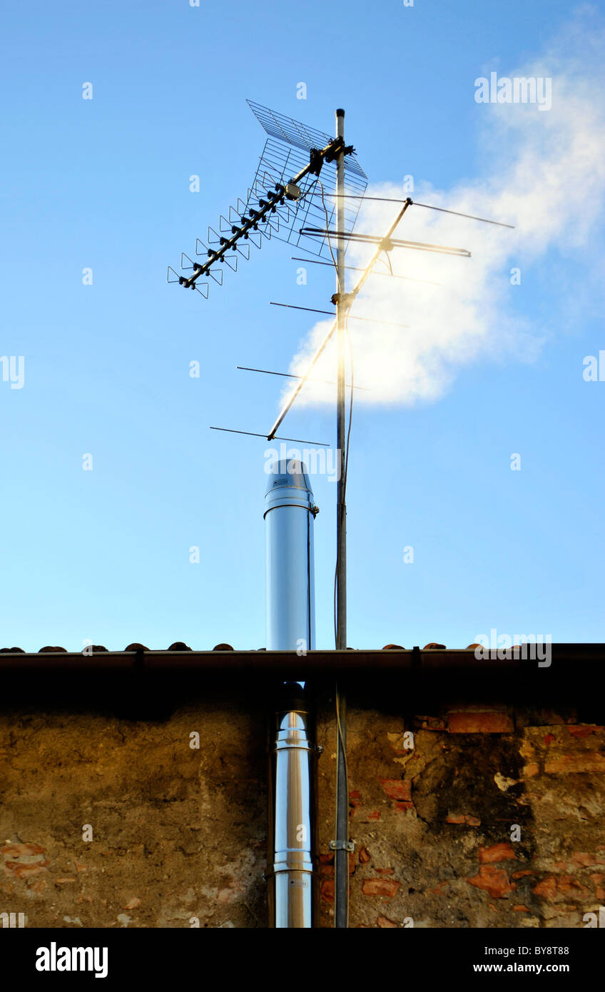 fireplace and roof with antennas for television Stock Photo