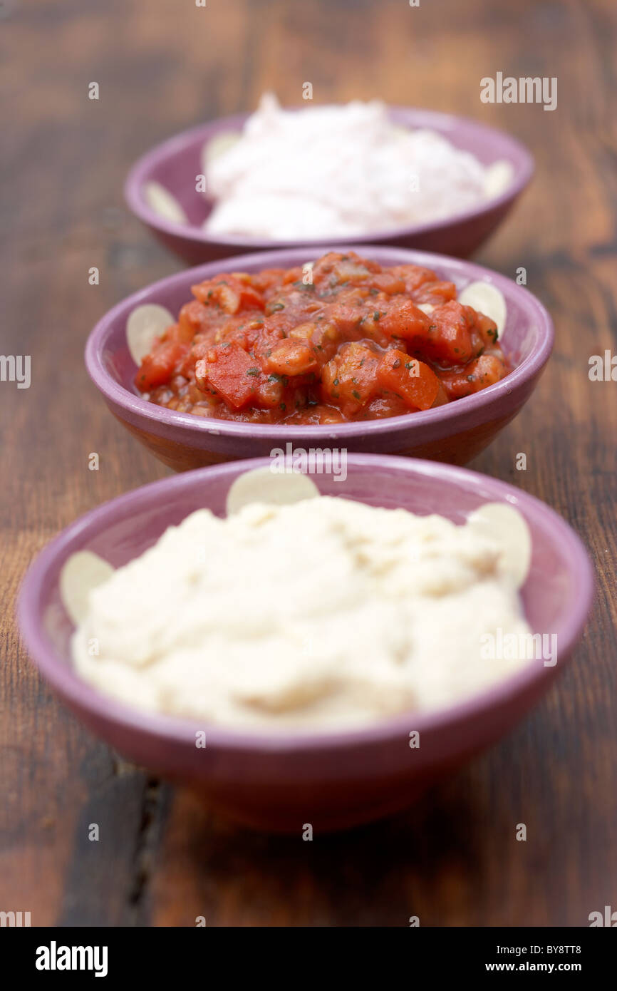 Mixed Dips - Tamarasalata, Hummus, Salsa Stock Photo