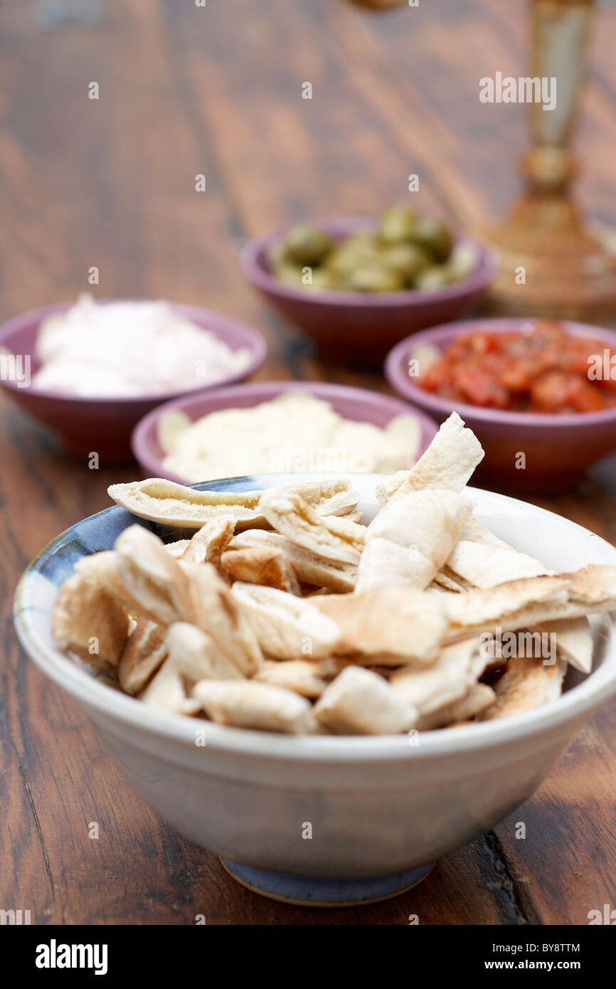 Pitta breads and snacks  /Appetisers/ Meze Stock Photo