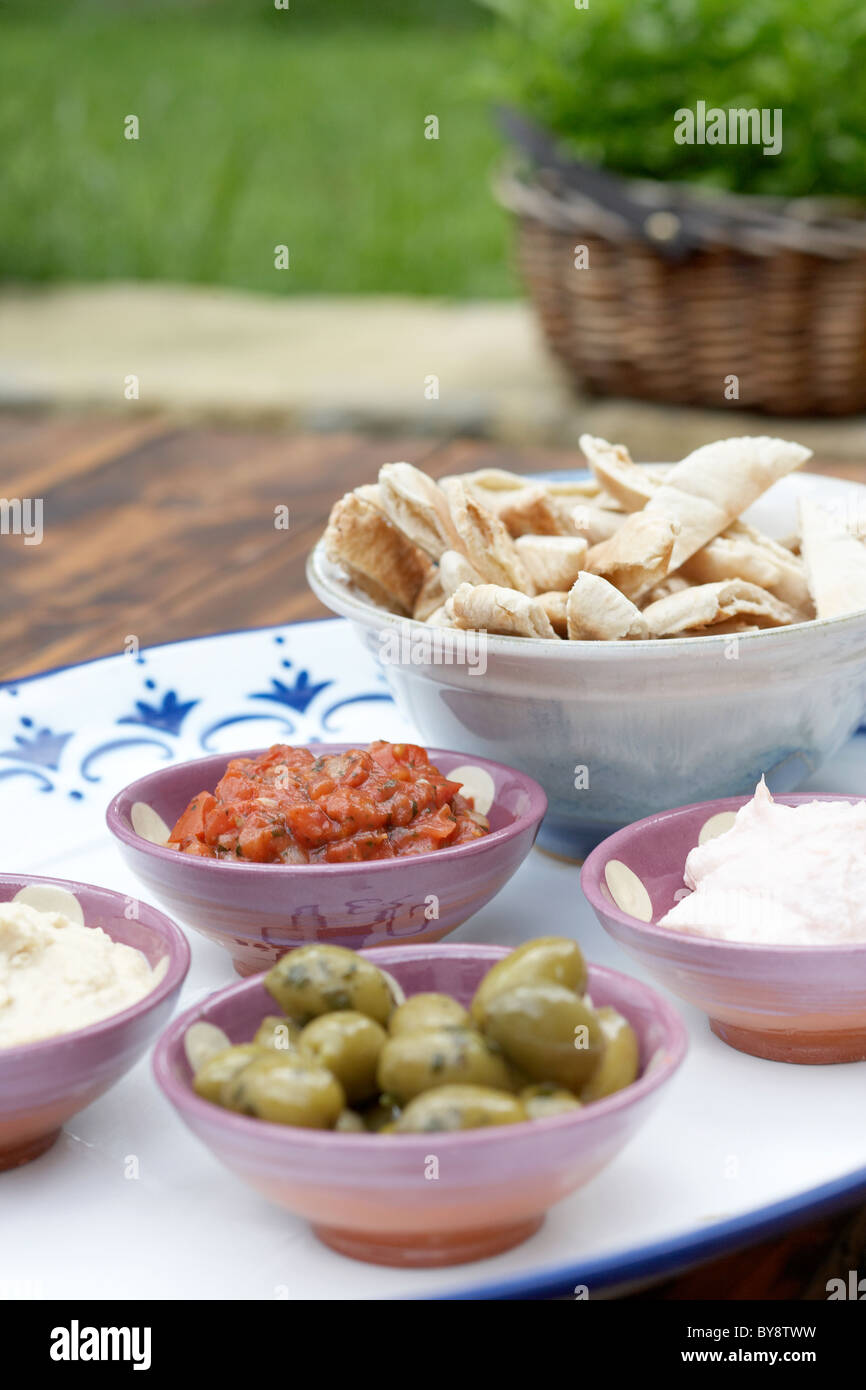 Dips, olives and pitta breads Stock Photo Alamy