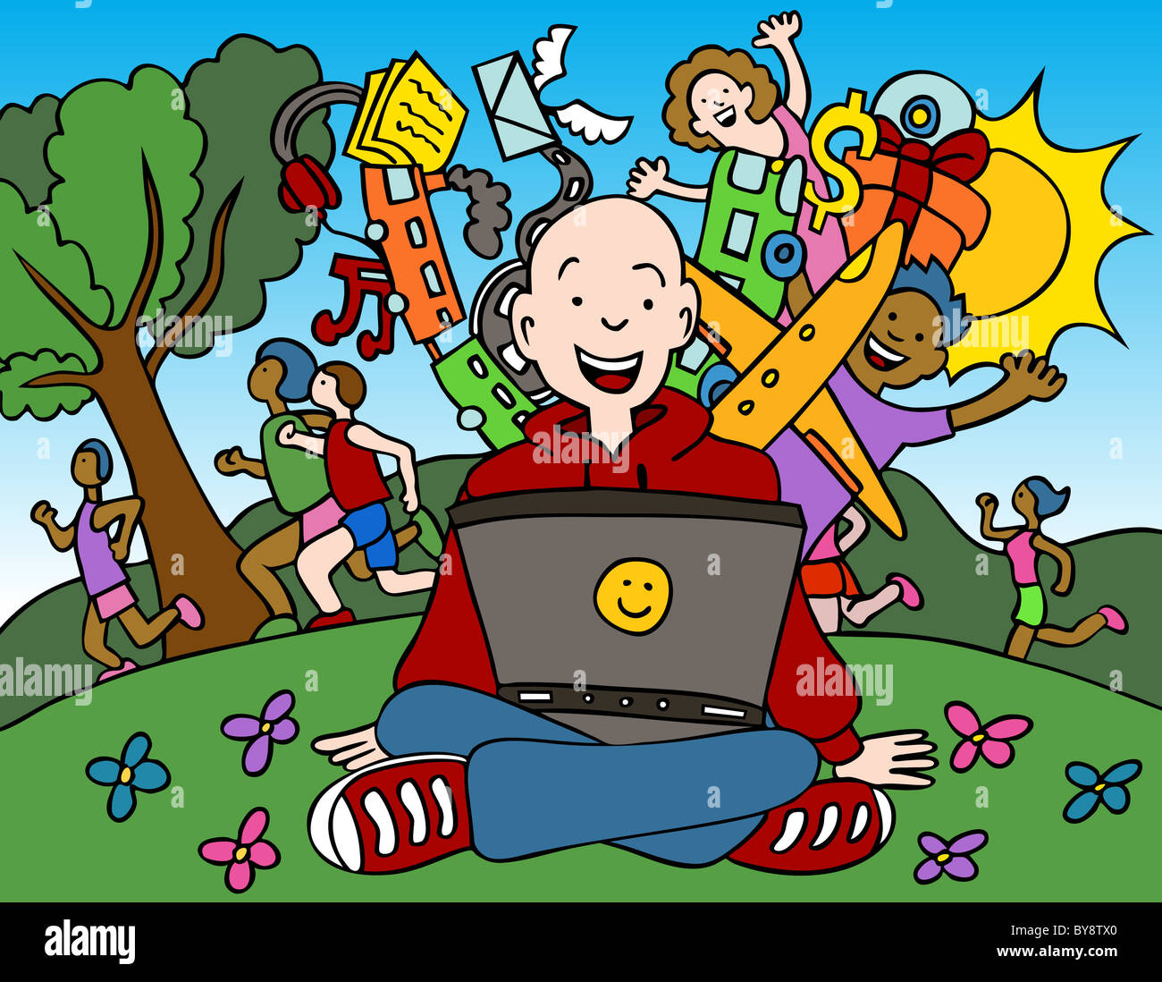 Cartoon of man using his computer in the park. Stock Photo