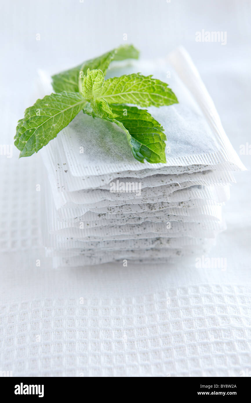 Mint leaves on mint tea bags on white tea towel Stock Photo