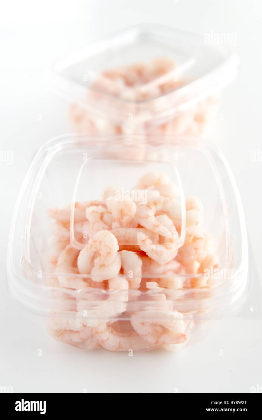 Peeled prawns in plastic containers Stock Photo