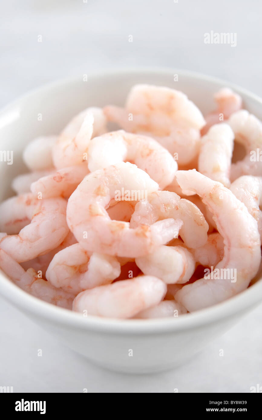 Peeled prawns in white bowl Stock Photo