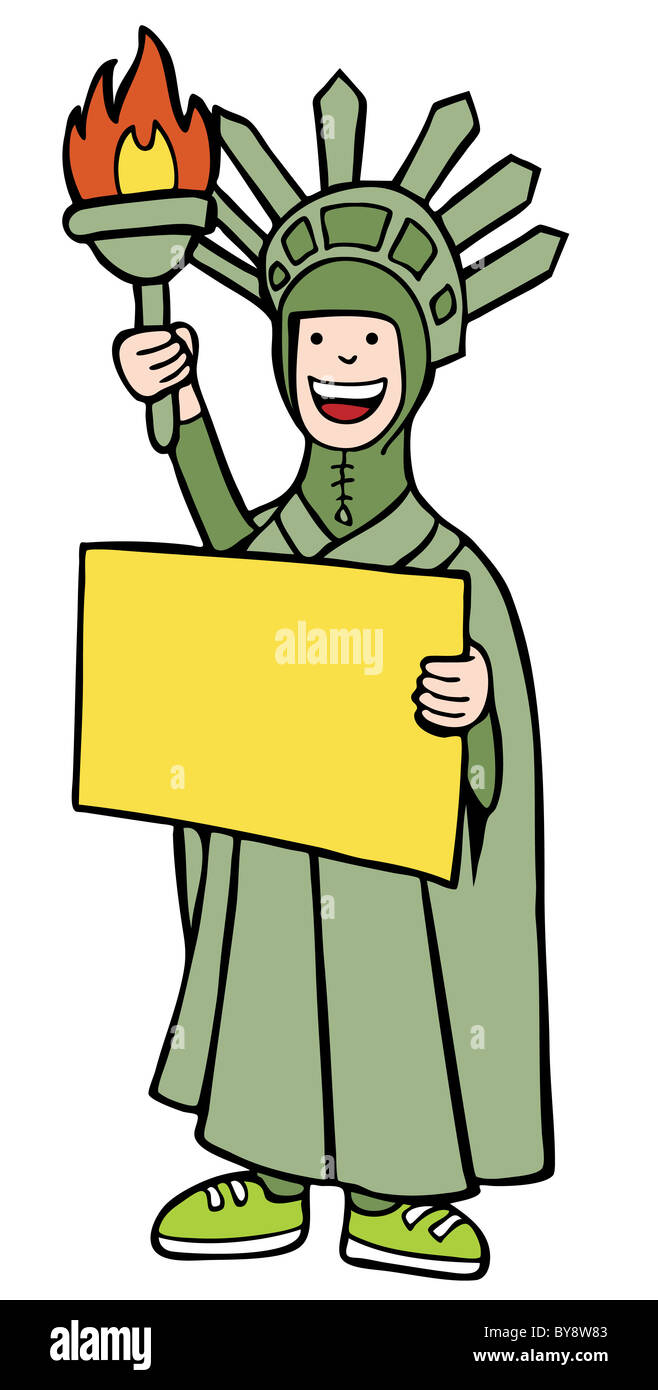 Person in a Statue of Liberty costume holding a blank sign. Stock Photo