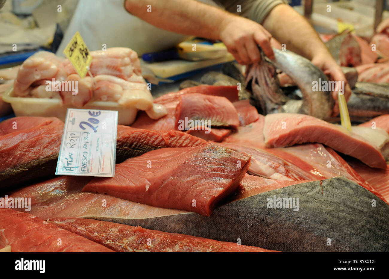Red Tuna is pictured at a fish booth on a fish market in Jerez de la Frontera, southern Spain, on Thursday, Dec 30, 2010. Stock Photo